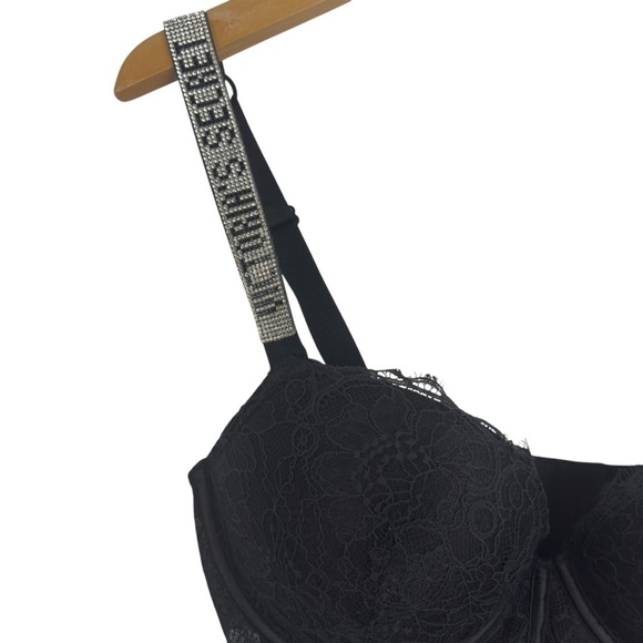 Victoria’s Secret Black Rhinestone Strap Pushup Corset Bra Top 36D Floral Lace - Picture 4 of 16